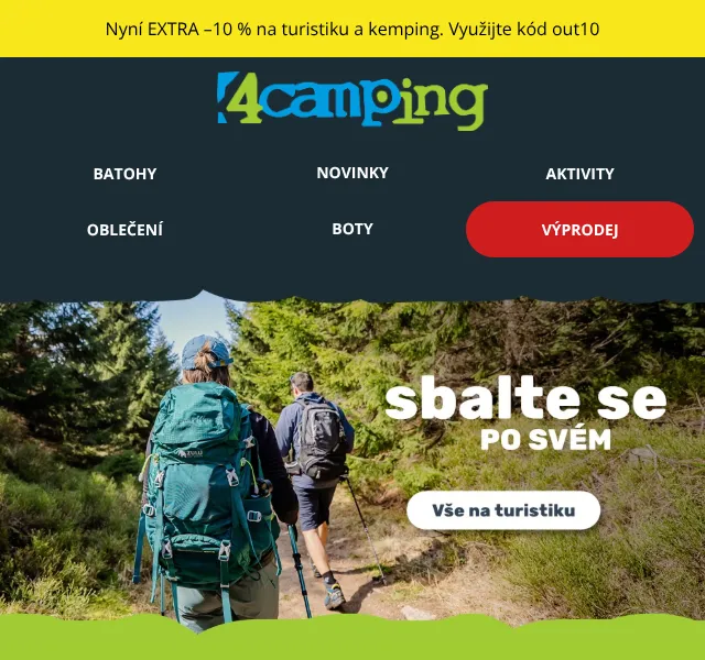 4camping.cz: Sleva -10 % na turistiku a kemping — srpen 2026