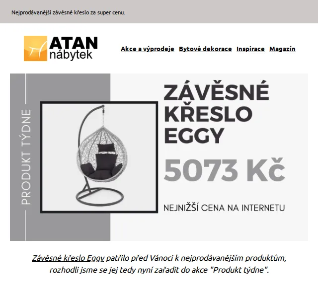 ATAN nábytek: Závěsné křeslo Eggy se slevou 32 % – červen 2026 | Nuslet.cz