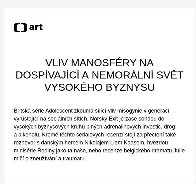 Web ČT art: Vliv manosféry na dospívající – červen 2026 | Nuslet.cz