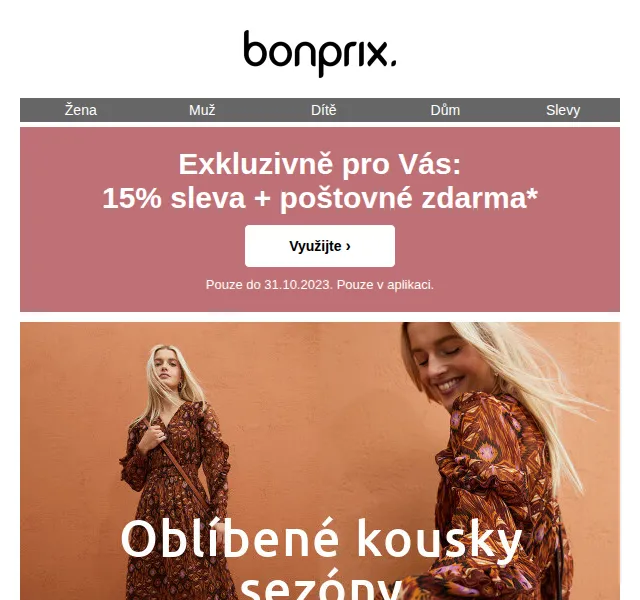 bonprix: 15% sleva a poštovné zdarma v aplikaci – červenec 2026 | Nuslet.cz