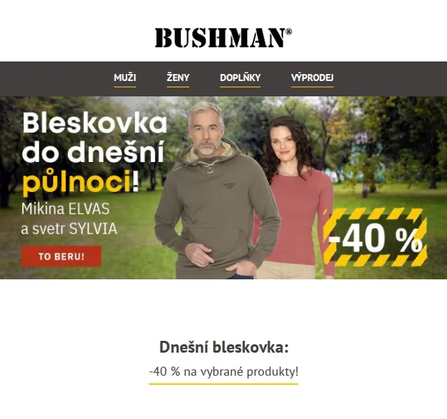 BUSHMAN: Blesková sleva 40 % – červen 2026 | Nuslet.cz