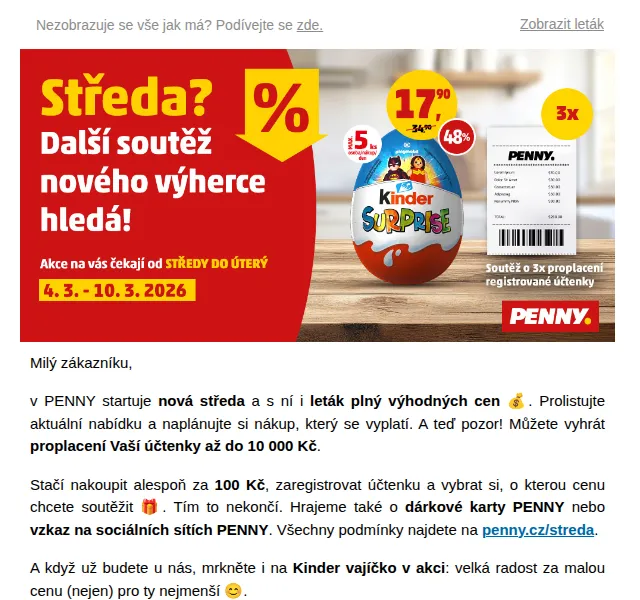 Penny: Proplacení účtenky a Kinder v akci – březen 2026 | Nuslet.cz