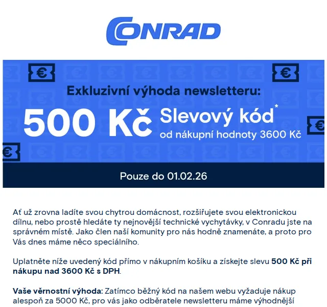 Conrad Electronic: Sleva 500 Kč při nákupu nad 3600 Kč – červen 2026 | Nuslet.cz