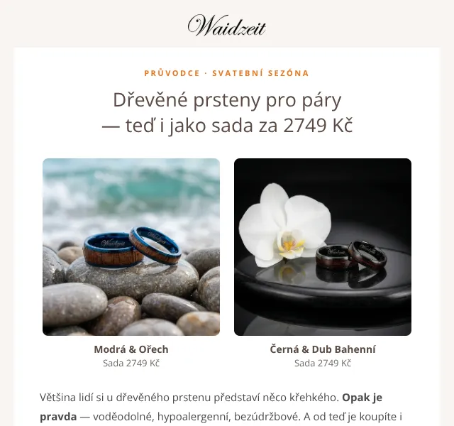 Waidzeit: dřevěné snubní prsteny sada 2749 Kč – srpen 2026