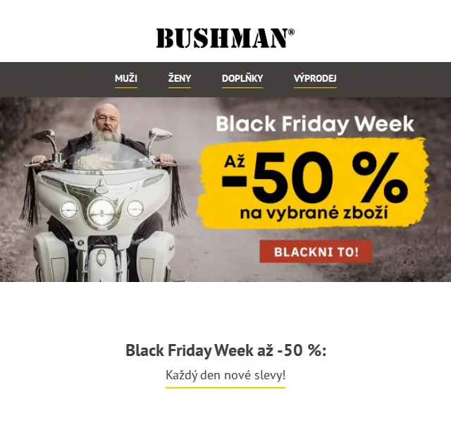 BUSHMAN: Black Friday Week slevy až -50 % – červen 2026 | Nuslet.cz