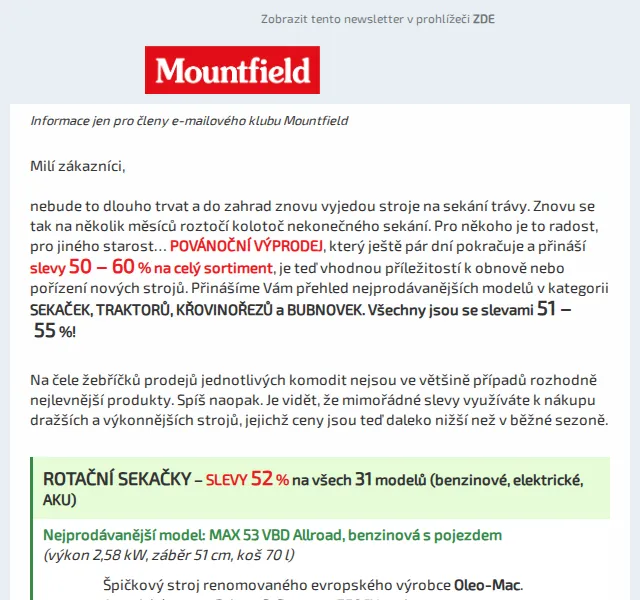 Mountfield: Sekačky a stroje se slevami 51-55 % – červen 2026 | Nuslet.cz