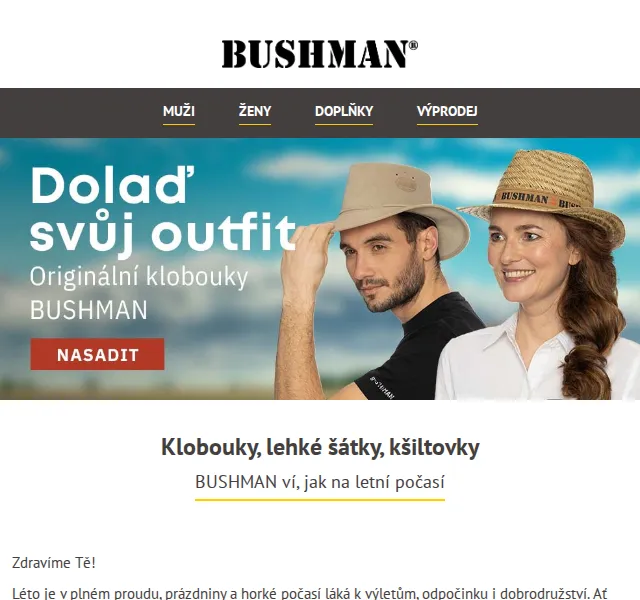 BUSHMAN: Letní výprodej klobouků, šátků a triček – červen 2026 | Nuslet.cz
