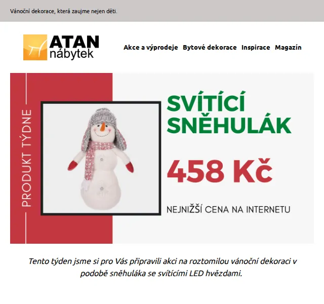 ATAN nábytek: svítící sněhulák s LED hvězdami za 458 Kč – červen 2026 | Nuslet.cz