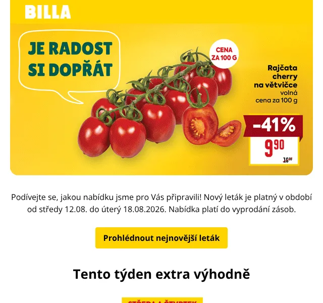 Billa: XXL úspory – okurka 47 %, vepřové maso 63 % | Srpen 2026