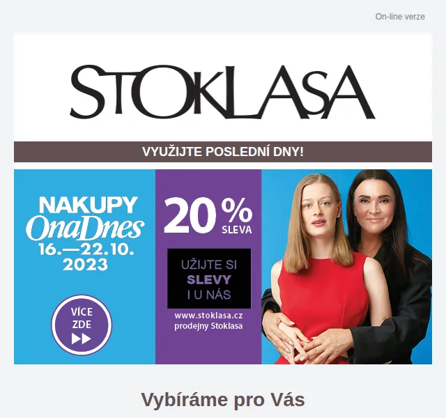Stoklasa: sleva 20 % na Nákupy Ona Dnes – červenec 2026 | Nuslet.cz