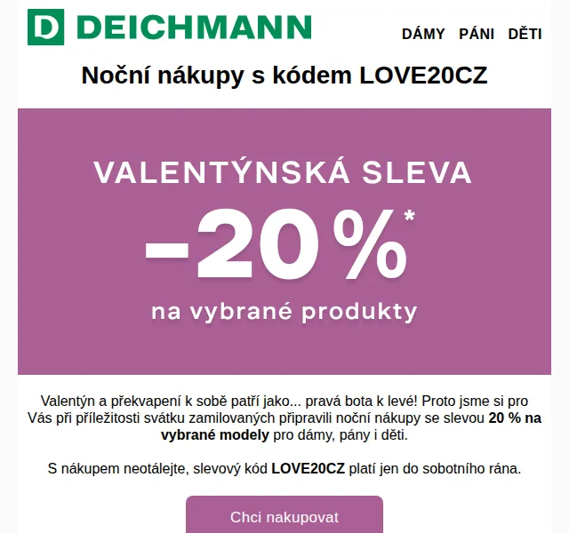 DEICHMANN: Valentýnské noční nákupy se slevou 20 % – červenec 2026 | Nuslet.cz
