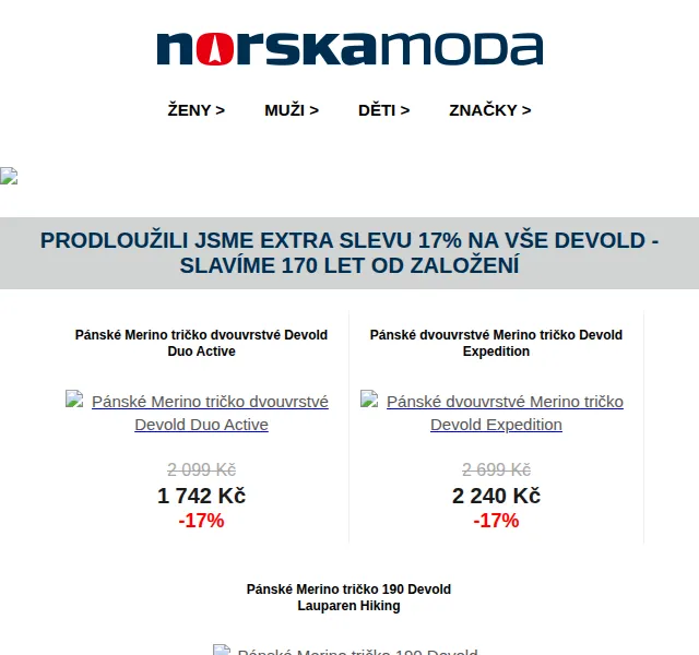 Norskamoda.cz: Extra sleva 17 % na Devold – červenec 2026 | Nuslet.cz