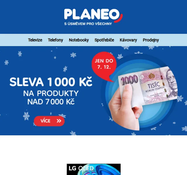 Planeo: Sleva 1 000 Kč na televize, spotřebiče a mobily – prosinec 2026 | Nuslet.cz