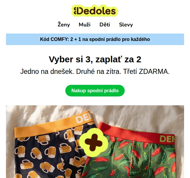 Dedoles: 2+1 spodní prádlo ZDARMA – červenec 2026 | Nuslet.cz