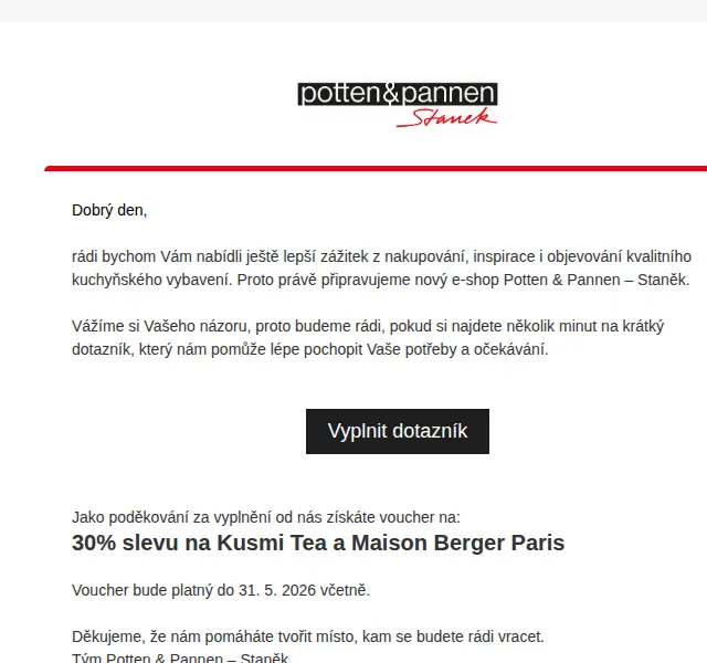 Potten & Pannen: 30 % sleva na Kusmi Tea a Maison Berger – květen 2026