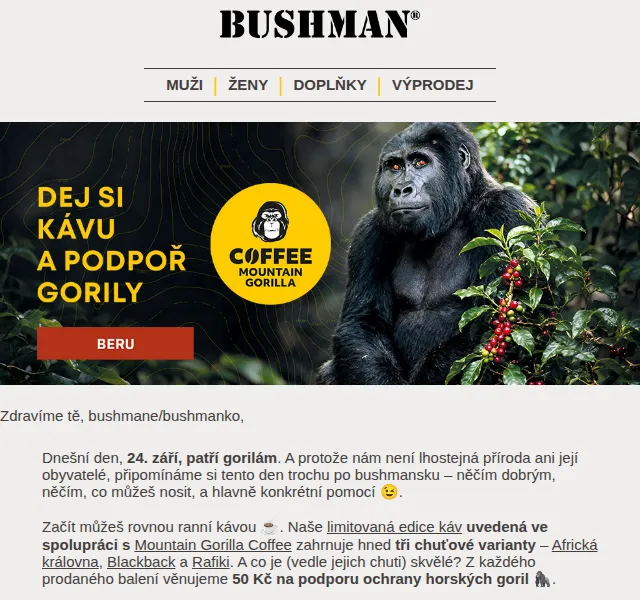 BUSHMAN: Limitovaná káva Mountain Gorilla + trička – září 2026
