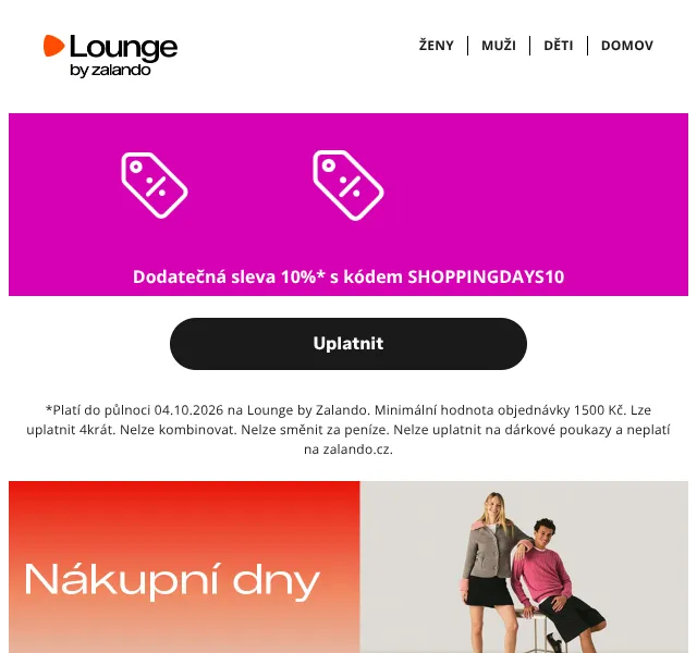 Lounge by Zalando: kód SHOPPINGDAYS10 na 10 % slevu – říjen 2026