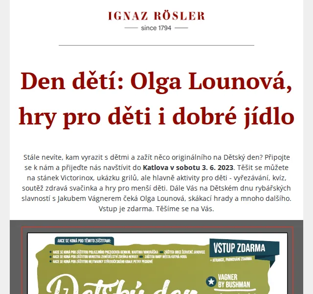 Ignazrosler.cz: Den dětí v Katlově – Olga Lounová a Victorinox – červen 2026 | Nuslet.cz