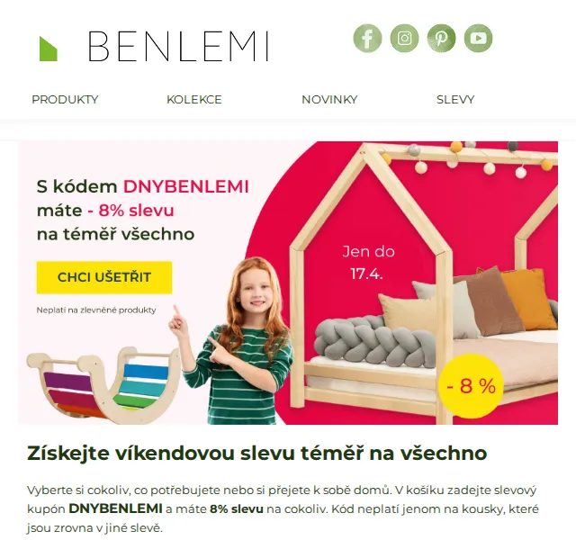 Michal z rodiny Benlemi: Sleva 8 % na nábytek a dekorace – červen 2026 | Nuslet.cz