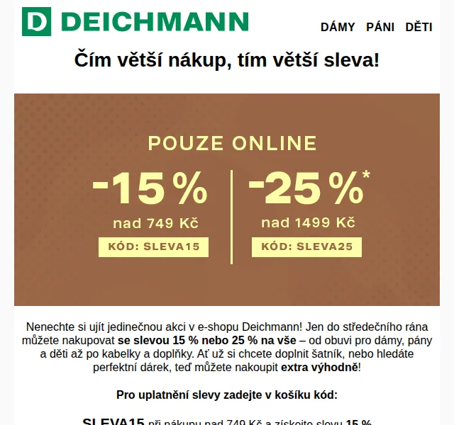 DEICHMANN: sleva 15 % nebo 25 % na vše – červen 2026 | Nuslet.cz