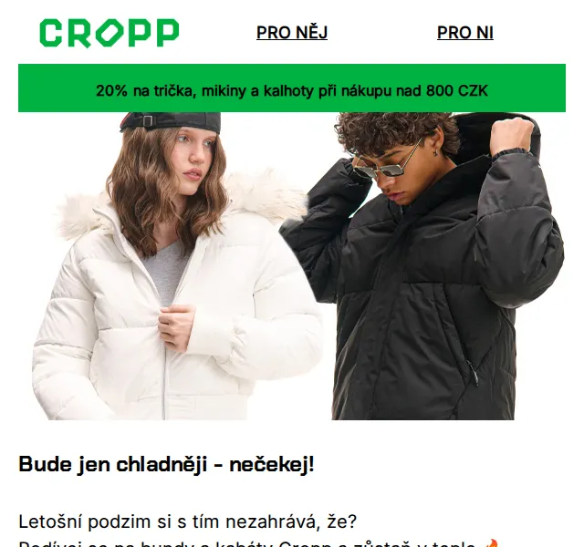 Cropp: kabáty a bundy – sleva 20 % na trička, mikiny a kalhoty – červen 2026 | Nuslet.cz