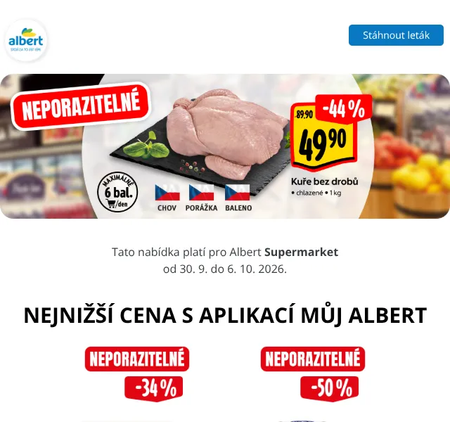 Albert: Kuře 49,90 Kč/kg, sýr 31,90 Kč – září 2026
