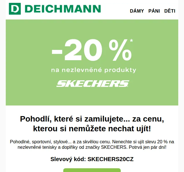 DEICHMANN: Sleva 20 % na Skechers – červenec 2026 | Nuslet.cz