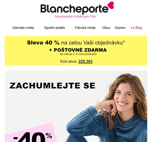 Blancheporte: -40 % na pyžama a fleece – duben 2026 | Nuslet.cz