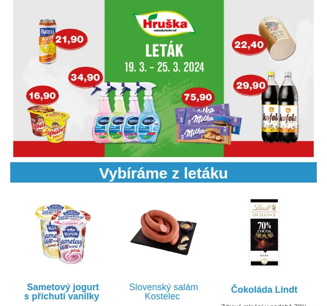 Váš HRUŠKA tým: Leták od 19. března 2026 – jogurt, salám, Lindt | Nuslet.cz