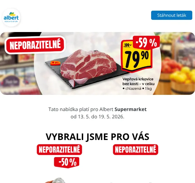 Albert: Vejce 49,90 Kč, Gouda 29,90 Kč – květen 2026