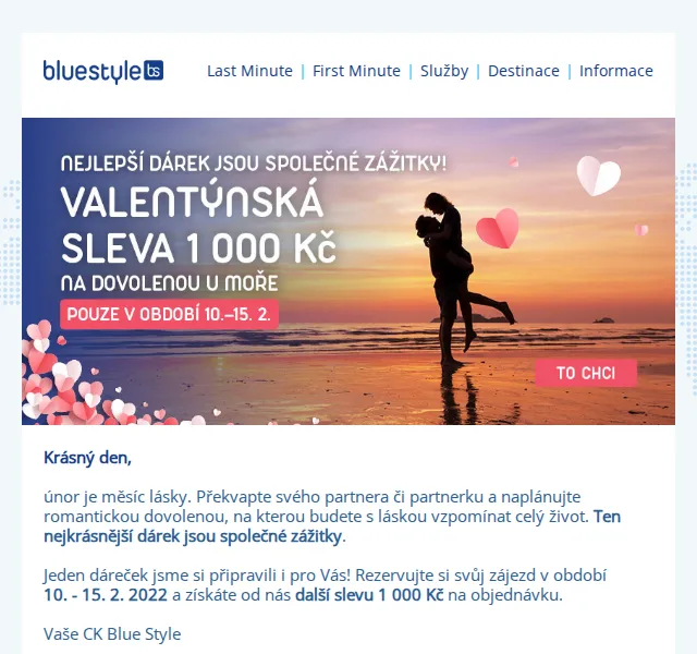 ✈ CK Blue Style ☀️: Valentýnská sleva 1 000 Kč na dovolenou u moře – červen 2026 | Nuslet.cz