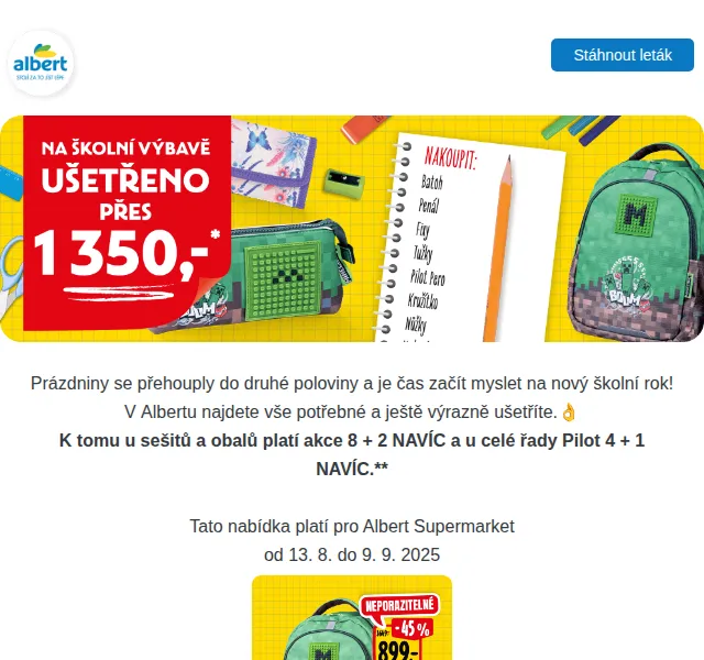 Albert: Školní výbava s batohy Pixie Crew a Minecraft – srpen 2025 | Nuslet.cz