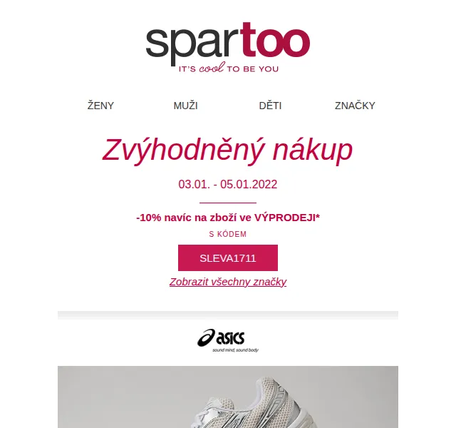 Spartoo: Až -60 % + 10 % navíc na Asics, Geox, Clarks – červen 2026 | Nuslet.cz