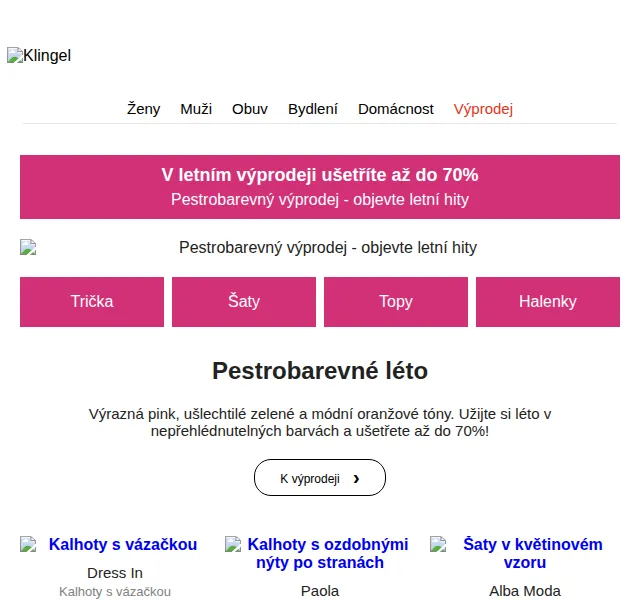 KLiNGEL.cz: Pestrobarevný výprodej – slevy až 70 % – červen 2026 | Nuslet.cz