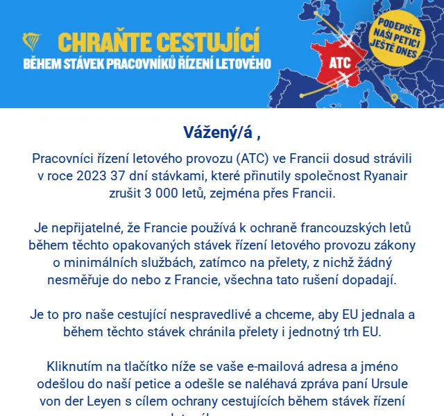 Ryanair: Podepište petici proti stávkám ATC – červen 2026 | Nuslet.cz