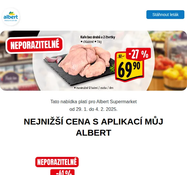 Albert: Máslo 49,90 Kč, Vepřová plec 89,90 Kč – únor 2025 | Nuslet.cz