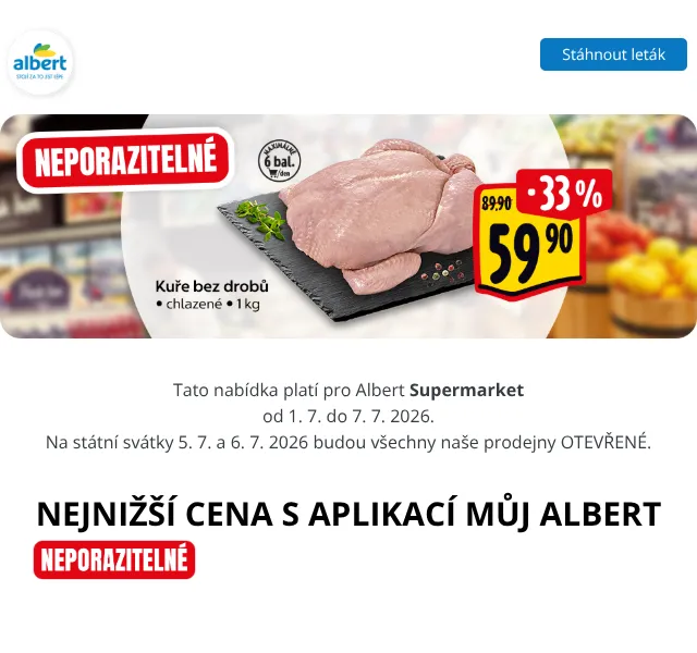 Albert: Cukr 9,90 Kč, Jogurt 9,90 Kč – Červenec 2026