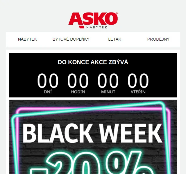Asko Nábytek: BLACK WEEK –20 % na nábytek – červen 2026 | Nuslet.cz