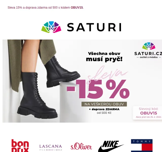 Saturi: Sleva 15% na obuv + doprava zdarma – červen 2026 | Nuslet.cz