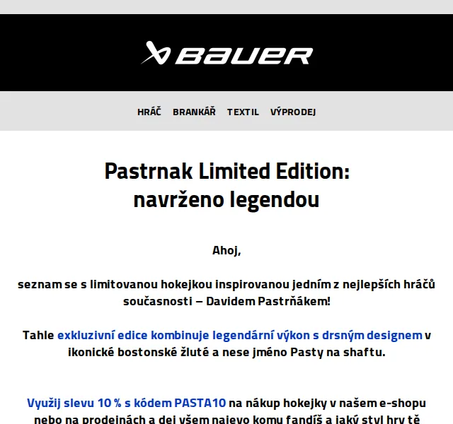 Bauer Hockey Česko: Limitovaná hokejka David Pastrňák se slevou 10 % – červenec 2026 | Nuslet.cz