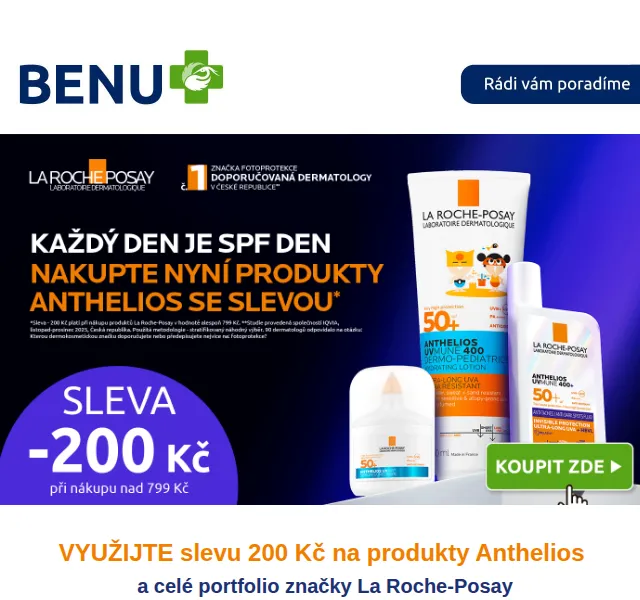 BENU E-shop: Sleva 200 Kč na Anthelios La Roche-Posay – květen 2026