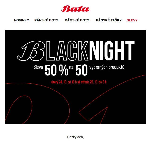 Baťa: Black Night 50 % sleva na 50 produktů – červen 2026 | Nuslet.cz