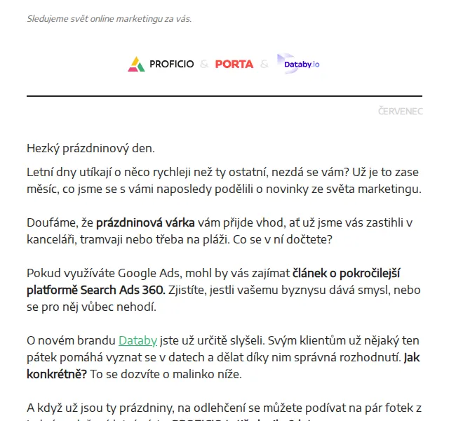 PROFICIO tým: marketingový newsletter – červenec 2026 | Nuslet.cz