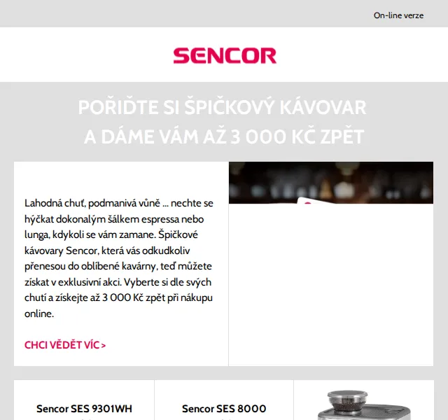 Sencor: Kávovary s cashbackem až 3 000 Kč – červen 2026 | Nuslet.cz
