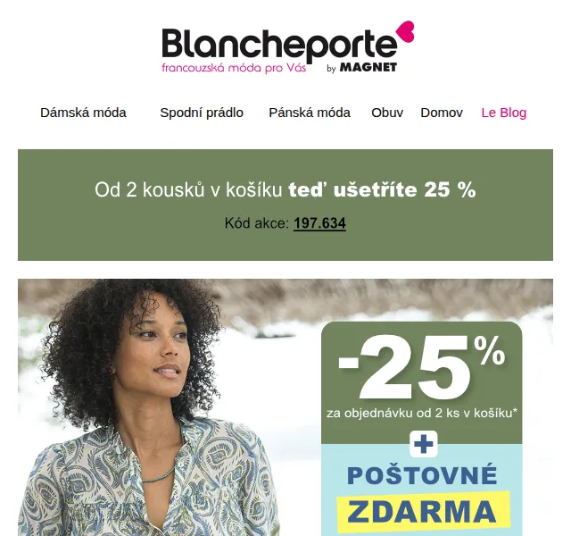 Blancheporte: Sleva 25 % na vše při nákupu 2 kusů – červenec 2026 | Nuslet.cz