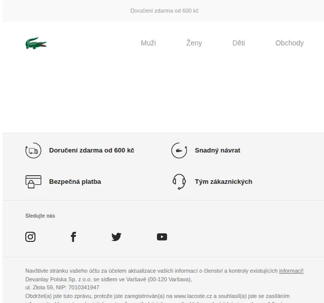 LACOSTE: Letní slevy s dopravou zdarma od 600 Kč – červen 2026 | Nuslet.cz