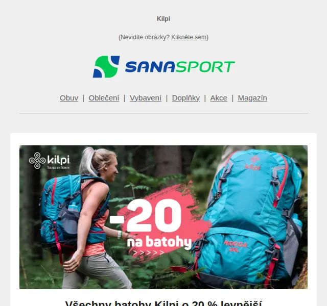 Sanasport: Sleva 20 % na batohy Kilpi – červen 2026 | Nuslet.cz