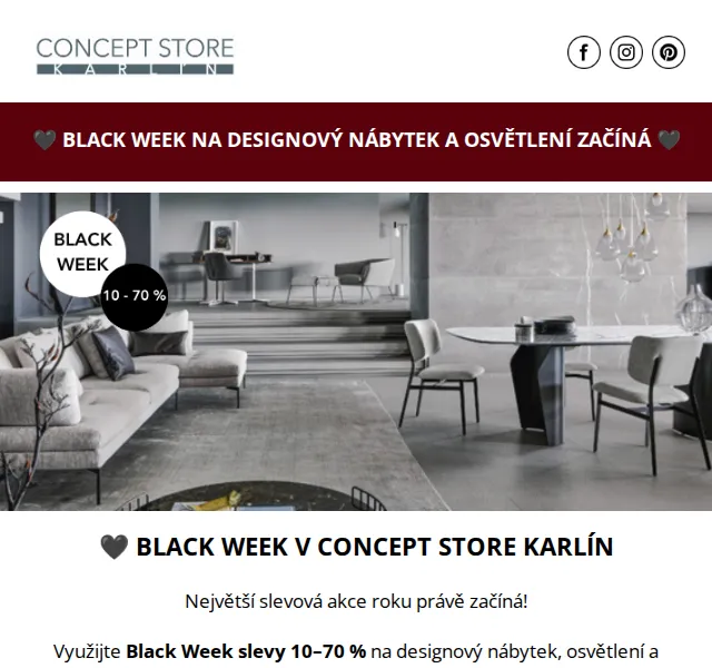 Concept Store Karlín: Black Week slevy 10–70 % na nábytek a osvětlení – červenec 2026 | Nuslet.cz