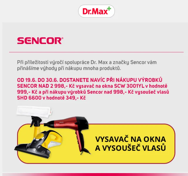 Dr.Max E-shop: Sencor dárek k nákupu nad 999 Kč – červen 2026 | Nuslet.cz