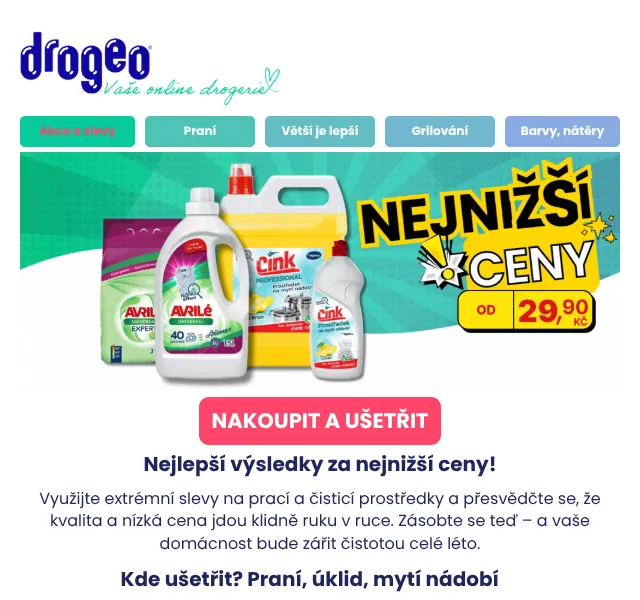 Drogeo: Prací prášek 49,90 Kč, prostředek na nádobí – červen 2026